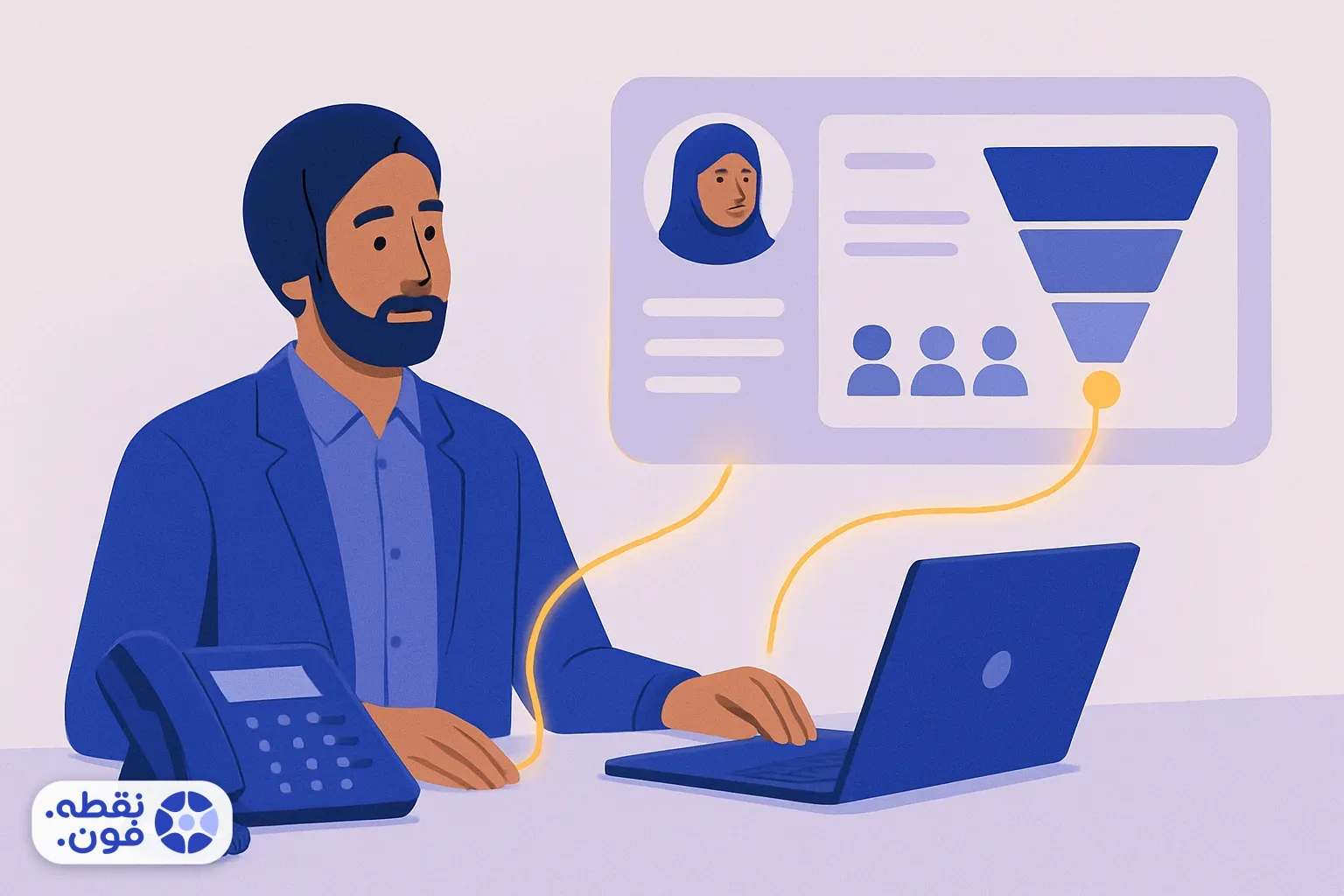 تصویر مفهومی انتخاب بهترین CRM ایرانی با اتصال تلفن و داشبورد مشتری و قیف فروش