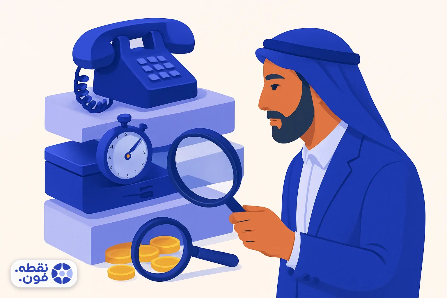 تصویر مفهومی از تفکیک سه لایهٔ قیمت تلفن اینترنتی شامل هزینهٔ ماهانه، دقیقه‌ای و راه‌اندازی با ذره‌بینی که هزینه‌های پنهان را نشان می‌دهد