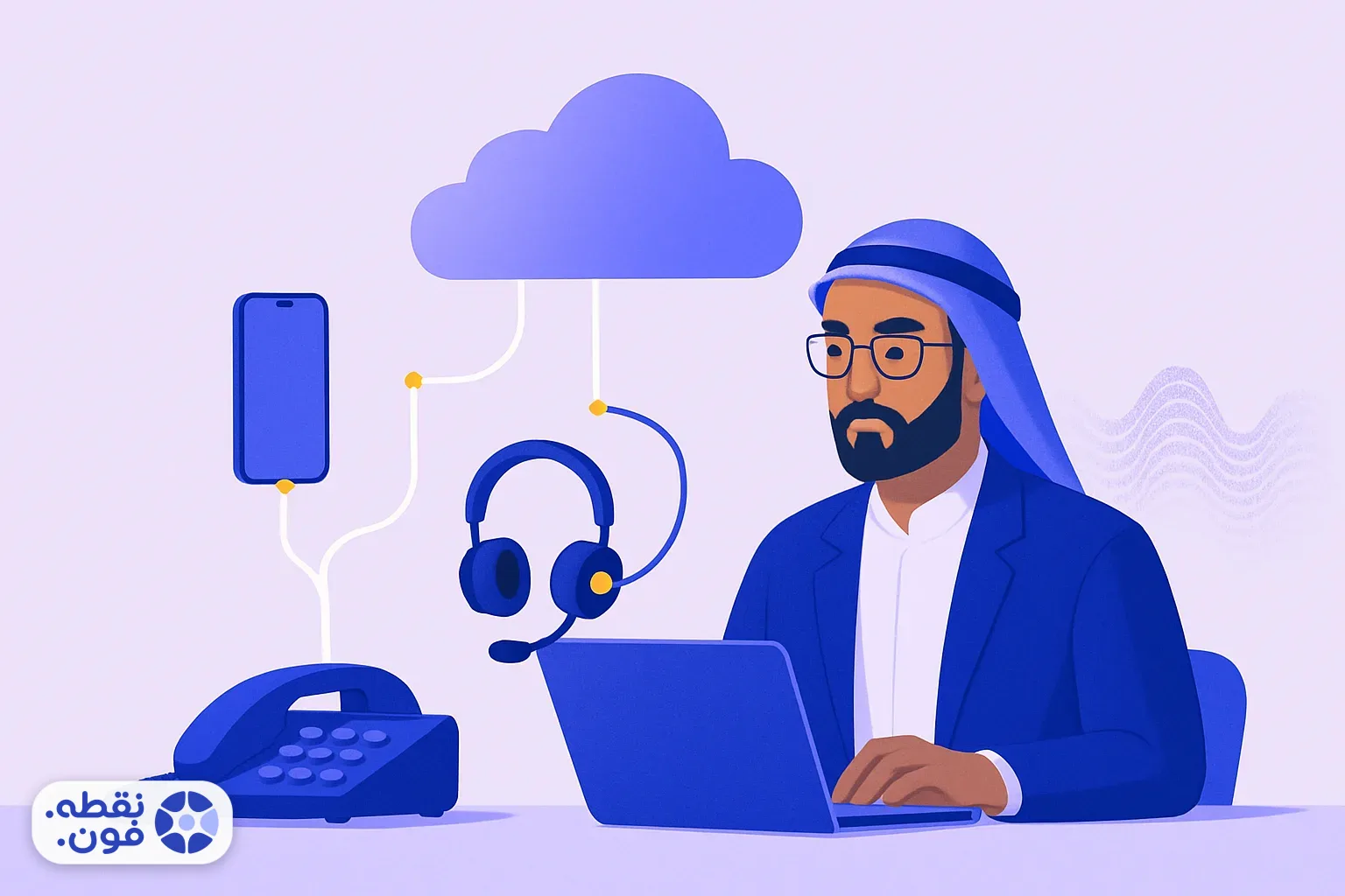 تصویر مفهومی تلفن اینترنتی: گوشی، لپ‌تاپ و هدست که از طریق اینترنت به یک ابر متصل شده‌اند