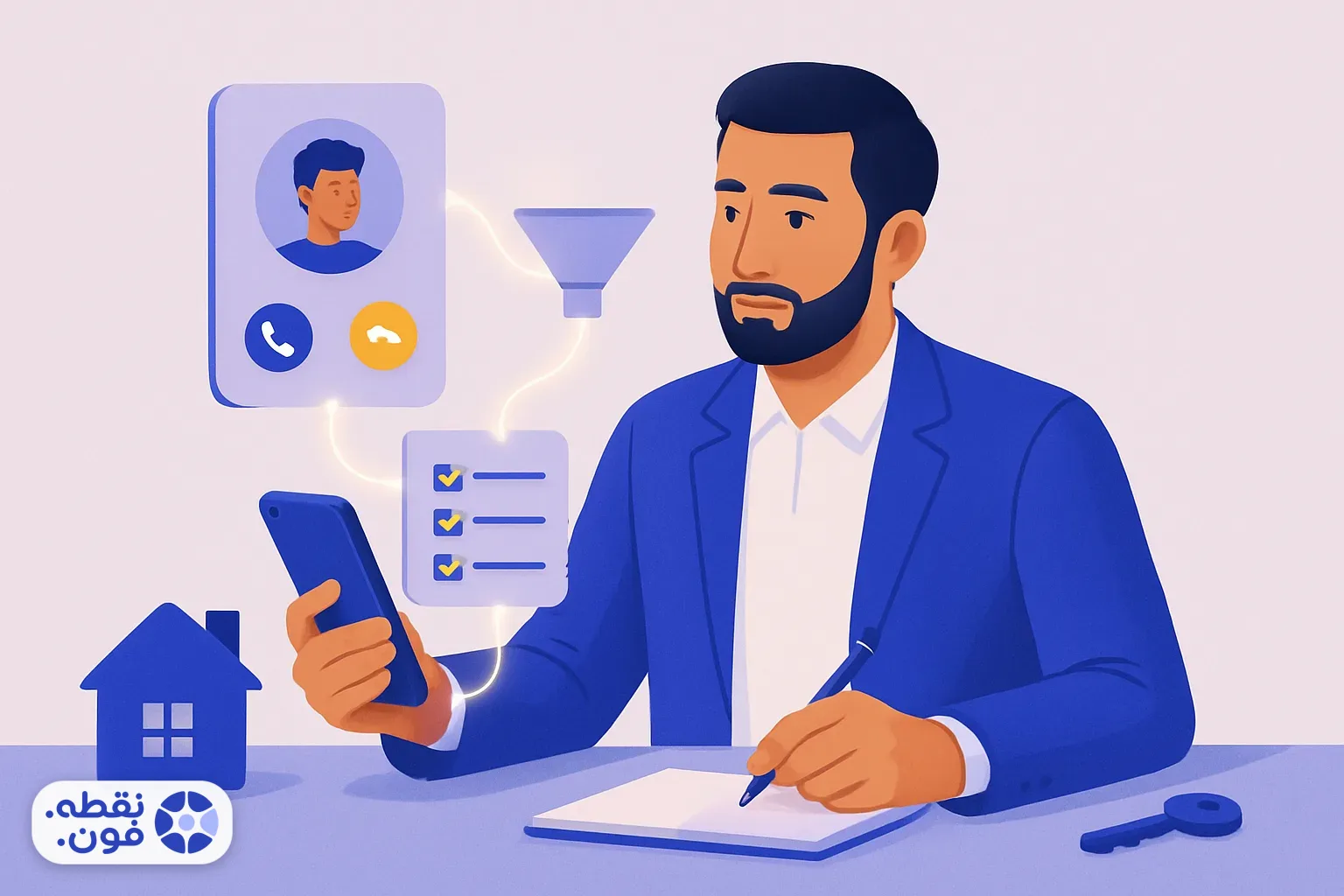 تصویر مفهومی CRM املاک: تماس تلفنی که به کارت مشتری، قیف فروش و فهرست پیگیریهای بنگاه متصل میشود