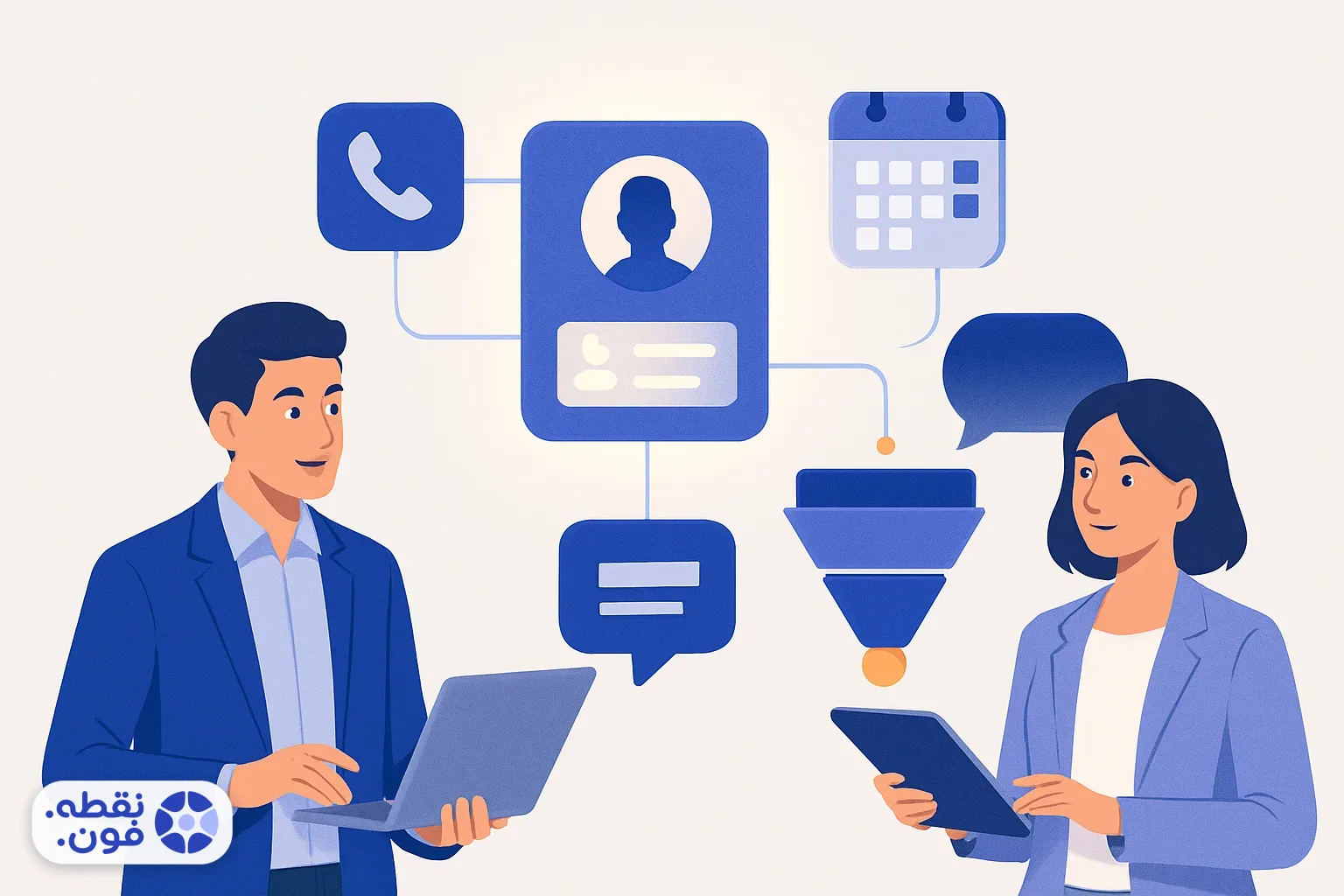 تصویر مفهومی از CRM چیست: کارت مشتری در مرکز و اتصال آن به تماس تلفنی، پیام، تقویم و قیف فروش